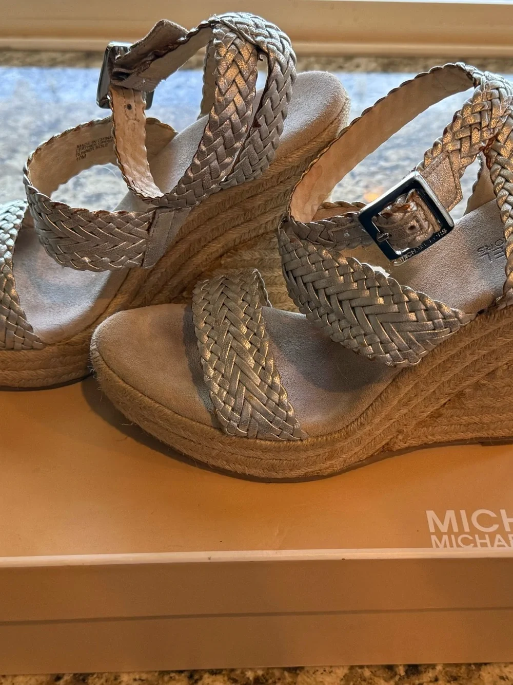 Michael Kors Metallic Silver Braided Espadrille Wedge Sandals